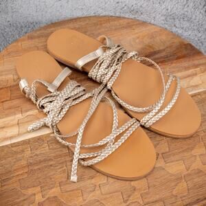 J. Crew Womens Shoes Braided Lace Up Sandals Sz 9 Gold Vegan Ankle Tie Gladiator
